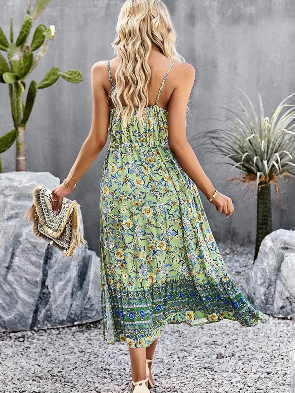 Green Floral Maxi Dress with V-Neck and Spaghetti Straps - Picture 3 of 9